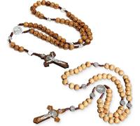KUMSODE 2PCS Collana Rosario in Legno, Collana Rosario Croce Cattolica, Collana con Crocifisso Fatto a Mano - Gioielli Religiosi con Medaglia Cattolica per Uomini e Donne