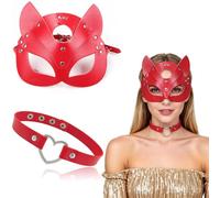 KUMSODE Maschera Gatto Sexy e Choker Set Mezza Faccia Maschera in Pelle per Donna Maschera Maschere per San Valentino Cosplay Halloween Carnevale Masquerade Make-Up Party
