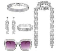 Kunaxku 6 Pezzi Accessori Discoteca, accessori anni 80, 70s Costume Accessori 1970s Accessori Festa Retrò Donne 80s Paillettes Nappe Orecchini Fascia Strass Bracciale Collana Occhiali Da Sole