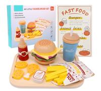 Kunaxku Accessori da cucina giocattolo in legno per bambini Set di hamburger in legno con snack veloci e menù tedesco, giocattolo ideale per la cucina di fango e per gli accessori da cucina del
