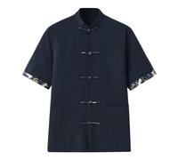 Kung Fu Camicia Uomo Manica Corta Tai Chi Uniformi Abbigliamento Tradizionale Tangzhuang Stile Giacca Arti Marziali Wing Chun Top Lino Magliette Casual, O blu., XL