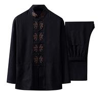 Kung Fu Vestito Autunno Ricamo Uomo Cinese Cotone Lino Wu Shu Abbigliamento Manica Lunga Camicia e Pantaloni Lunghi Blu navy 1. XXXL