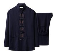 Kung Fu Vestito Autunno Ricamo Uomo Cinese Cotone Lino Wu Shu Abbigliamento Manica Lunga Camicia e Pantaloni Lunghi Blu navy 2. XXL