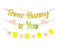 KUNGOON Set di striscioni con coniglietto e due bandierine per il 2° compleanno, bandierine a tema pasquale con margherita e ghirlanda di uova, decorazione per feste di coniglio. (due)