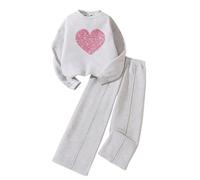 Kunyeah 2 pezzi felpa da ragazza con stampa a cuore pullover tuta in pile a maniche lunghe vestiti pantaloni set per età 8-12 anni, Grigio, 9 anni