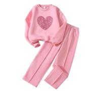 Kunyeah 2 pezzi felpa da ragazza con stampa a cuore pullover tuta in pile a maniche lunghe vestiti pantaloni set per età 8-12 anni, Rosa, 9 anni