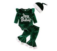 Kunyeah 3PCS Bambina abiti di Natale I miei primi vestiti di Natale Neonato velluto Romper Tops +Pantaloni a campana +Cappello di Natale (Verde, 9-12 Mesi)