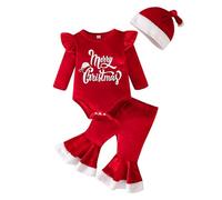 Kunyeah 3PCS Bambina abiti di Natale I miei primi vestiti di Natale Neonato velluto Romper Tops +Pantaloni a campana +Cappello di Natale (Rosso, 18-24 Mesi)