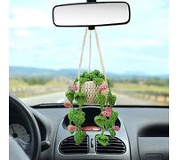 Kunyeah Pianta appendere all'uncinetto per auto graziosa pianta in vaso decorazione all'uncinetto accessorio appendere allo specchio dell'auto ornamento in stile bohémien fatto Rosa