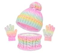 Kunyeah Set berretto, sciarpa e guanti per bambini Guanti lavorati a maglia Cappellino foderato in pile Scaldacollo per bambini e bambine dai 3 ai 10 anni (Collo rosa-giallo)