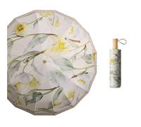 KUNYOS 16 Ombrello compatto color osso con colla, apribile a mano, manico in legno a tre pieghe, protezione solare, protezione UV, pioggia(Lily)