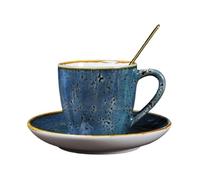 KUNYOS Set Di Tazza Da Caffè In Ceramica Da 200 Ml, Piattino E Cucchiaio, Tazza Da Caffè A Forma Di Orecchio In Gres Vintage Fatto A Mano, Manico Creativo A Forma Di Cuore(Blue)