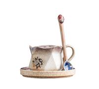 KUNYOS Set Di Tazza Da Caffè, Piattino E Cucchiaio In Ceramica Creativa Da 200 Ml, Tazza Da Tè Pomeridiano Retrò Fatta A Mano E Trasformata In Forno, Tazze Irregolari(White)