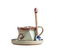 KUNYOS Set Di Tazza Da Caffè, Piattino E Cucchiaio In Ceramica Creativa Da 200 Ml, Tazza Da Tè Pomeridiano Retrò Fatta A Mano E Trasformata In Forno, Tazze Irregolari(Cyan)