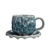 KUNYOS Set Di Tazze E Piattini Da Caffè In Ceramica Martellata Da 260 Ml, Tazze Da Tè E Da Caffè Con Texture Retrò Fatte A Mano E Trasformate In Forno, Tazze For Casa E Ufficio(Green,CUP SET)