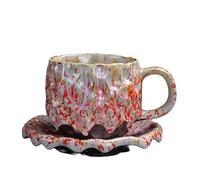 KUNYOS Set Di Tazze E Piattini Da Caffè In Ceramica Martellata Da 260 Ml, Tazze Da Tè E Da Caffè Con Texture Retrò Fatte A Mano E Trasformate In Forno, Tazze For Casa E Ufficio(Red,CUP SET)