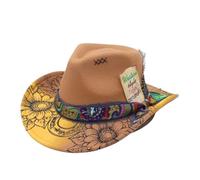 KUNYOS Western Cowboy Hat, Wide-Brim Jazz Cowboy Felt Hat, Classic Western Style, with Feather Decoration(Khaki A)