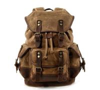 KUNYOS Zaino retrò in tela cerata e pelle di cavallo pazzo, grande capacità, scomparto per computer da 17,7". Unisex, multi-tasca per viaggi, outdoor, escursionismo, campeggio(Waxed khaki)
