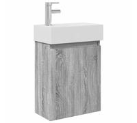KUPTYERFG Mobile sottolavabo con rubinetto, grigio Sonoma, 4 pezzi | Mensola sospesa salvaspazio per piccoli ospiti e bagni con lavabo in ceramica, porta con telaio reversibile e troppopieno