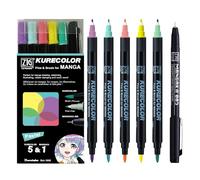 Kuretake Zig Cartoonist Kurecolor Fine&Brush Set pastello, 5 colori con MANGAKA nero, pennarelli a doppia punta a base di alcool, per artisti, professionisti, realizzati in Giappone