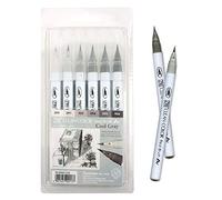 Kuretake ZIG Clean Color - Pennarello a pennello con punte flessibili, per pittura, disegno, calligrafia e scrittura a pennello per artisti, realizzato in Giappone (set di 6 colori grigio freddo)
