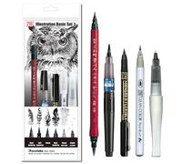 Kuretake Zig illustration Basic Set No.3, 5 variety pens, 4 Black Markers, fude brush pens and Glitter pen, for Inktober, Manga, Drawing, Calligraphy, Professional, Artist, Made in Japan, IKTB-22/5V