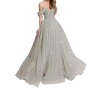 KURFACE Abiti da ballo con spalle scoperte Abito lungo da ballo in tulle glitterato A-Line Abito da sera formale WSX465 argento UK10