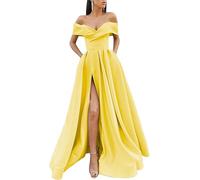 KURFACE Abiti da ballo in raso con fessura per adolescenti 2025 A Line Off Spalla Abito da sera formale lungo, Giallo, 48