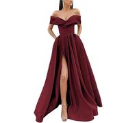 KURFACE Abiti da ballo in raso con fessura per adolescenti 2025 A Line Off Spalla Abito da sera formale lungo, Borgogna, 44