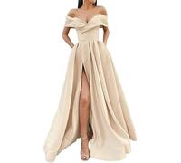 KURFACE Abiti da ballo in raso con fessura per adolescenti 2025 A Line Off Spalla Abito da sera formale lungo, Champagne, 60 Più