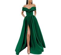 KURFACE Abiti da ballo in raso con fessura per adolescenti 2025 A Line Off Spalla Abito da sera formale lungo, Verde smeraldo, 50