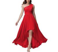 KURFACE Abiti da damigella d'onore monospalla per le donne abito da sera formale in chiffon increspato alto basso, Rosso, 38