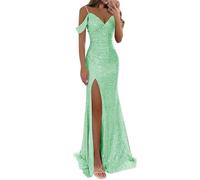 KURFACE Abito da ballo da donna con paillettes scintillanti, con spacco e spalle scoperte, abito lungo da ballo a sirena, abito da sera formale, Verde menta, 44