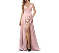 KURFACE Abito da ballo da donna in raso con scollo a V e spacco senza maniche pieghettato, rosa, 62 Più