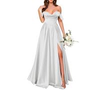 KURFACE Abito da ballo da donna in raso con spalle scoperte per adolescenti con fessura una linea abito da ballo corsetto formale abito da festa, Argento, 54 Più