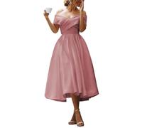 KURFACE Abito da ballo da donna in raso con tasche, abito da ballo con spalle scoperte, lunghezza tè, Rosa polvere, 64 Più