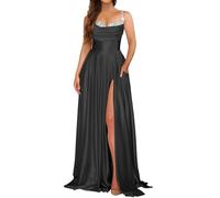 KURFACE Abito da ballo in raso con spalline sottili con fessura per le donne senza maniche lungo abito da ballo corsetto abito da sera formale, Nero , 64 Più