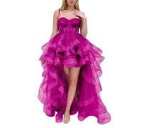 KURFACE - Abito da ballo in tulle con spalline sottili, abito da sera a strati con ruches, abito da homecoming alta-bassa WSX481, Fucsia, 38