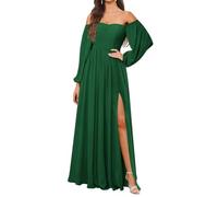 KURFACE Abito da damigella d'onore a maniche lunghe da donna con fessura in chiffon una linea fuori dalla spalla formale abito da sera, Verde smeraldo, 60 Più