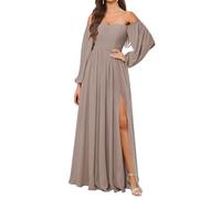 KURFACE Abito da damigella d'onore a maniche lunghe da donna con fessura in chiffon una linea fuori dalla spalla formale abito da sera, Tortora, 40