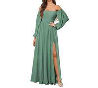KURFACE Abito da damigella d'onore a maniche lunghe da donna con fessura in chiffon una linea fuori dalla spalla formale abito da sera, Eucalipto, 48
