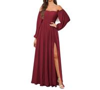 KURFACE Abito da damigella d'onore a maniche lunghe da donna con fessura in chiffon una linea fuori dalla spalla formale abito da sera, Borgogna, 46
