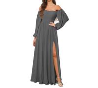 KURFACE Abito da damigella d'onore a maniche lunghe da donna con fessura in chiffon una linea fuori dalla spalla formale abito da sera, Grigio, 60 Più