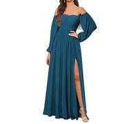 KURFACE Abito da damigella d'onore a maniche lunghe da donna con fessura in chiffon una linea fuori dalla spalla formale abito da sera, Pavone, 38