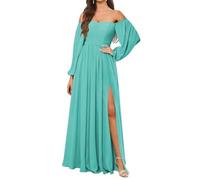 KURFACE Abito da damigella d'onore a maniche lunghe da donna con fessura in chiffon una linea fuori dalla spalla formale abito da sera, Turchese, 42