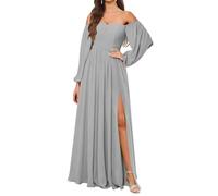 KURFACE Abito da damigella d'onore a maniche lunghe da donna con fessura in chiffon una linea fuori dalla spalla formale abito da sera, Argento, 44