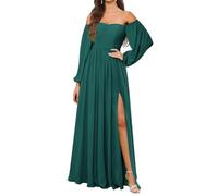 KURFACE Abito da damigella d'onore a maniche lunghe da donna con fessura in chiffon una linea fuori dalla spalla formale abito da sera, Foglia di t, 48
