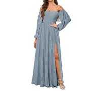KURFACE Abito da damigella d'onore a maniche lunghe da donna con fessura in chiffon una linea fuori dalla spalla formale abito da sera, Blu polvere., 44