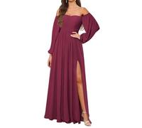 KURFACE Abito da damigella d'onore a maniche lunghe da donna con fessura in chiffon una linea fuori dalla spalla formale abito da sera, Rosa del deserto, 58 Più