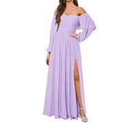 KURFACE Abito da damigella d'onore a maniche lunghe da donna con fessura in chiffon una linea fuori dalla spalla formale abito da sera, Lilla, 48